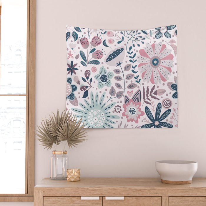 Whimsical Playful Flower Garden, Floral Prints Pink and Teal Wall Tapestry Gallery Image 2
