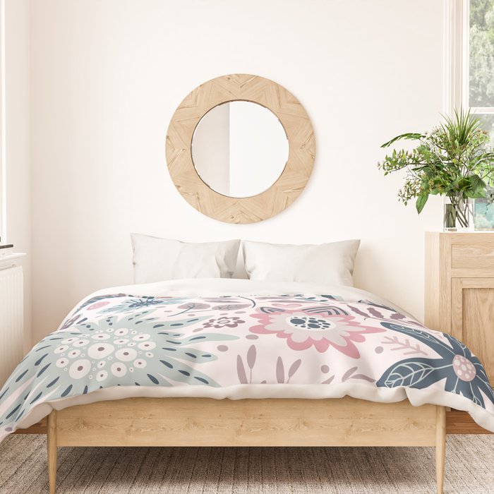 Whimsical Playful Flower Garden, Floral Prints Pink and Teal Duvet Cover Gallery Image 3