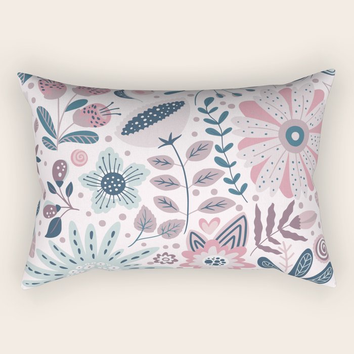 Whimsical Playful Flower Garden, Floral Prints Pink and Teal Rectangular Pillow Gallery Image 1