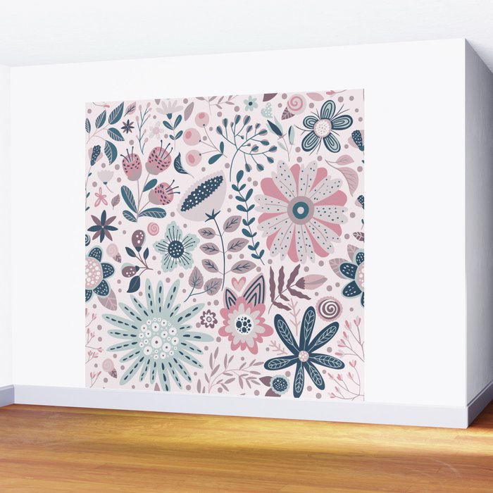 Whimsical Playful Flower Garden, Floral Prints Pink and Teal Wall Mural Gallery Image 2