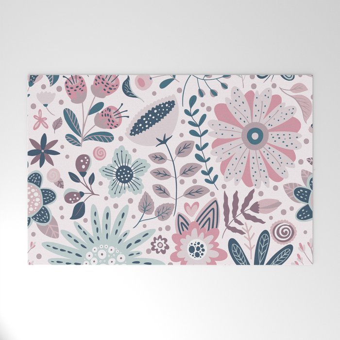 Whimsical Playful Flower Garden, Floral Prints Pink and Teal Welcome Mat Gallery Image 1