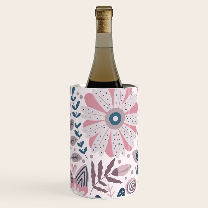 Whimsical Playful Flower Garden, Floral Prints Pink and Teal Wine Chiller Gallery Image 3