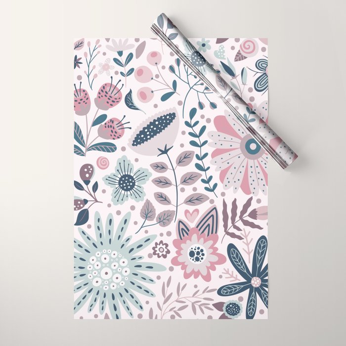 Whimsical Playful Flower Garden, Floral Prints Pink and Teal Wrapping Paper Gallery Image 1