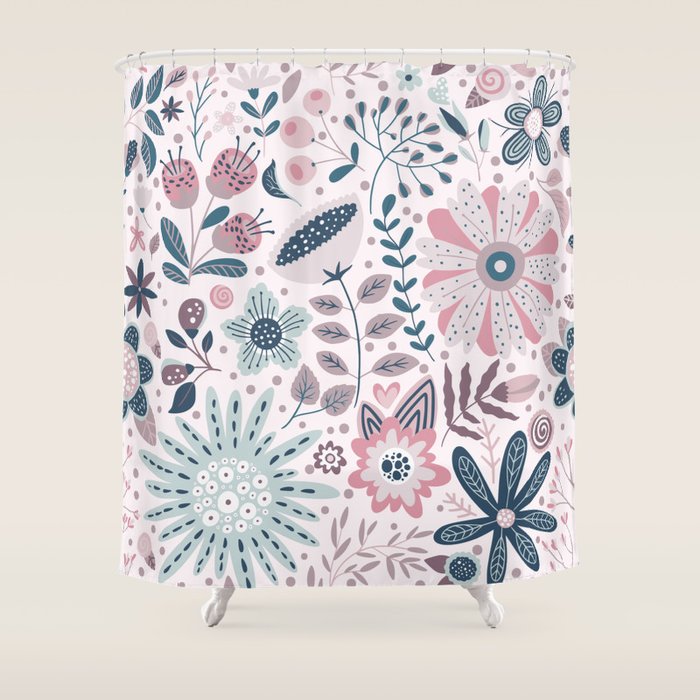 Whimsical Playful Flower Garden, Floral Prints Pink and Teal Shower Curtain Gallery Image 1