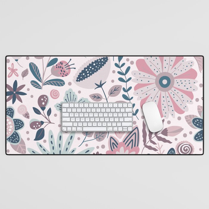 Whimsical Playful Flower Garden, Floral Prints Pink and Teal Desk Mat Gallery Image 1