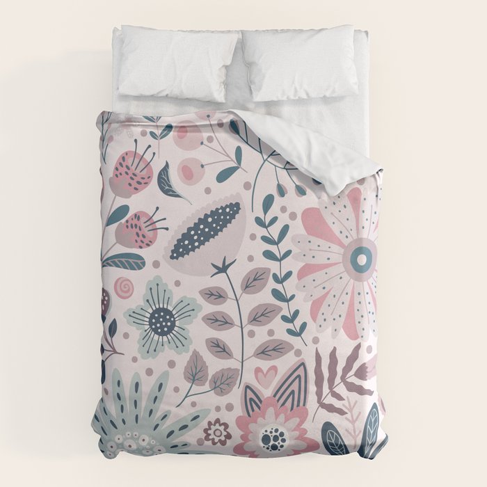 Whimsical Playful Flower Garden, Floral Prints Pink and Teal Duvet Cover Gallery Image 6