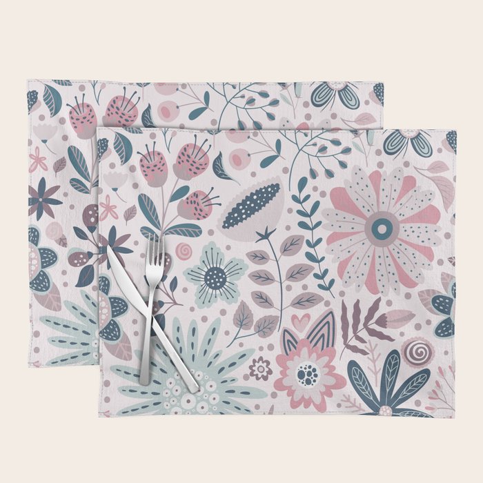 Whimsical Playful Flower Garden, Floral Prints Pink and Teal Placemat Gallery Image 1