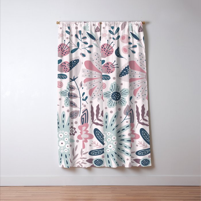 Whimsical Playful Flower Garden, Floral Prints Pink and Teal Window Curtain Gallery Image 3