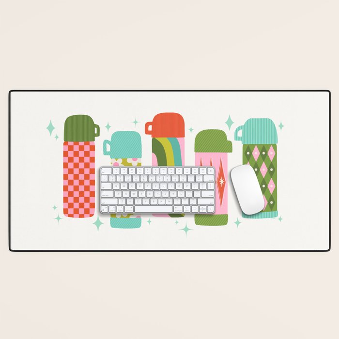 Retro Coffee Thermoses Multicolor on White Desk Mat Gallery Image 1
