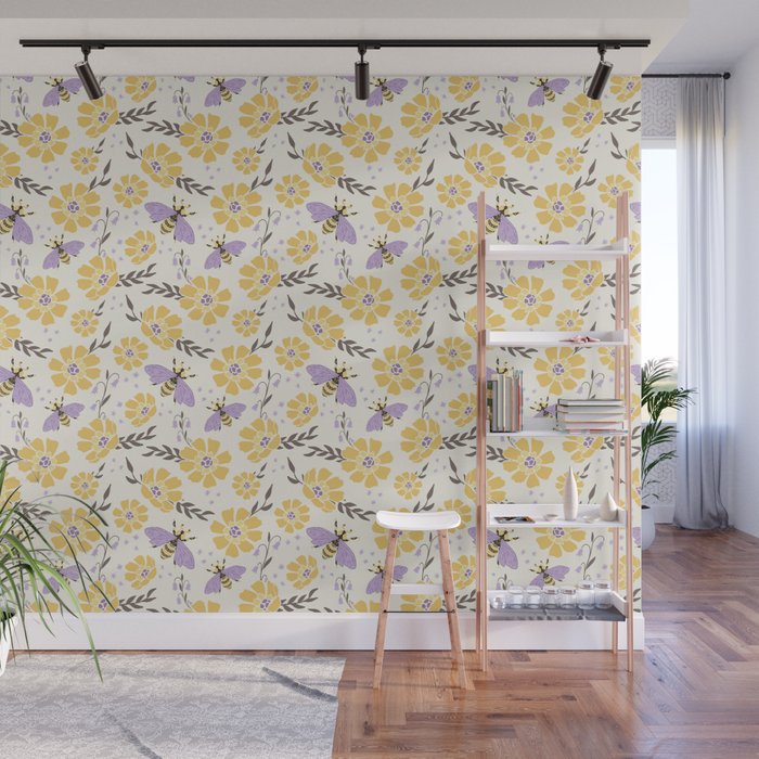 Honey Bees and Flowers - Yellow and Lavender Purple Wall Mural Gallery Image 1