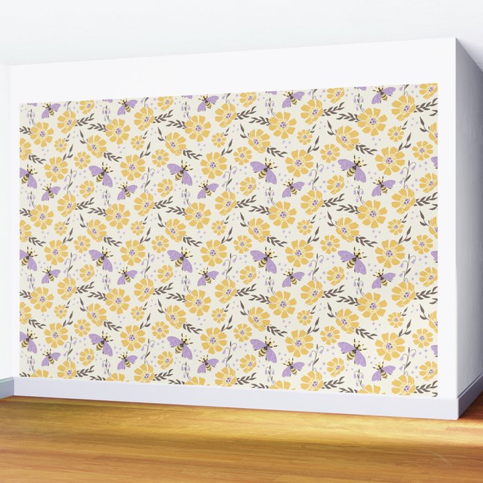 Honey Bees and Flowers - Yellow and Lavender Purple Wall Mural Gallery Image 2