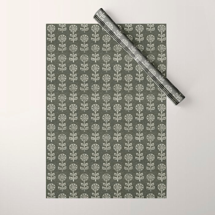 block print floral - dark olive Wrapping Paper Gallery Image 1