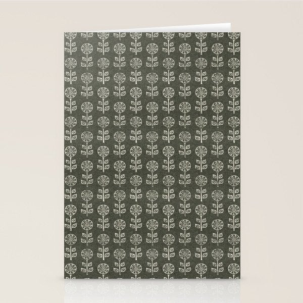 block print floral - dark olive Stationery Card Gallery Image 2