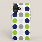 Lime Green, Bright Navy Blue, and Gray Multi Dots Minimalist Pattern on White iPhone Case Gallery Image 1