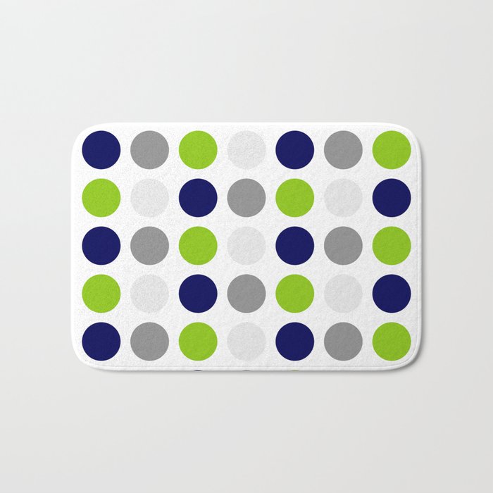 Lime Green, Bright Navy Blue, and Gray Multi Dots Minimalist Pattern on White Bath Mat Gallery Image 1