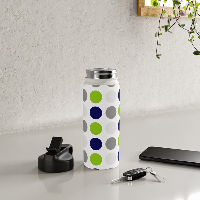 Lime Green, Bright Navy Blue, and Gray Multi Dots Minimalist Pattern on White Water Bottle Gallery Image 4