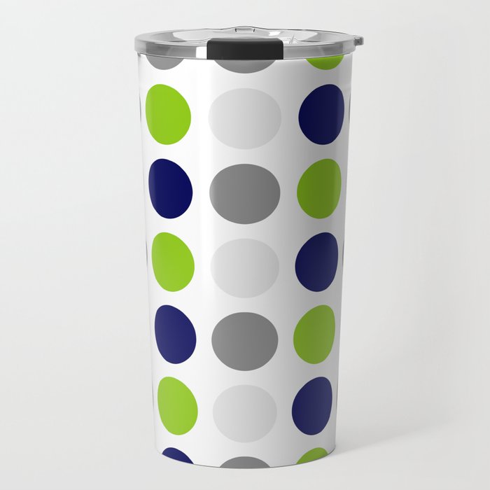 Lime Green, Bright Navy Blue, and Gray Multi Dots Minimalist Pattern on White Travel Mug Gallery Image 1
