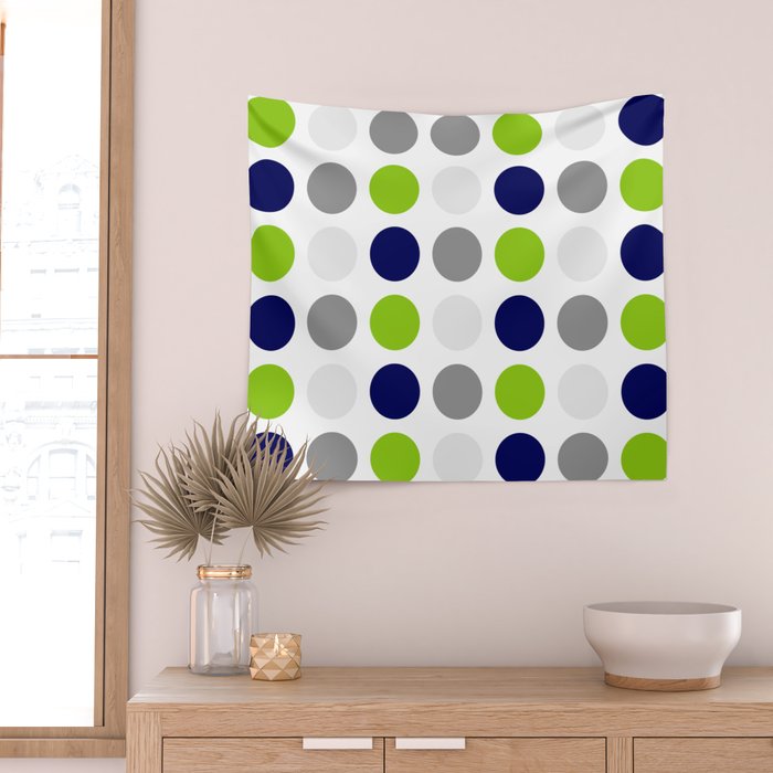 Lime Green, Bright Navy Blue, and Gray Multi Dots Minimalist Pattern on White Wall Tapestry Gallery Image 2