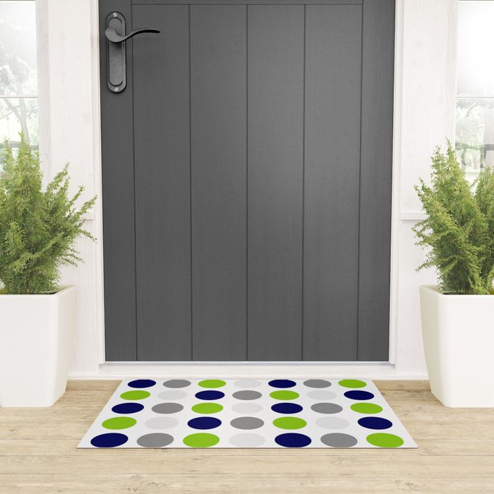 Lime Green, Bright Navy Blue, and Gray Multi Dots Minimalist Pattern on White Welcome Mat Gallery Image 3