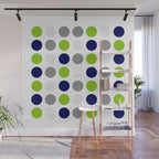 Lime Green, Bright Navy Blue, and Gray Multi Dots Minimalist Pattern on White Wall Mural Gallery Image 1