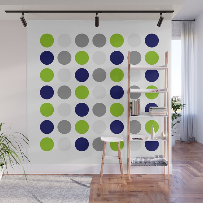 Lime Green, Bright Navy Blue, and Gray Multi Dots Minimalist Pattern on White Wall Mural Gallery Image 1