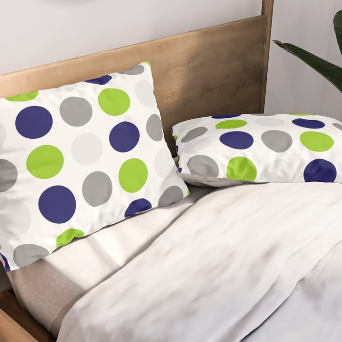 Lime Green, Bright Navy Blue, and Gray Multi Dots Minimalist Pattern on White Pillow Sham Gallery Image 2