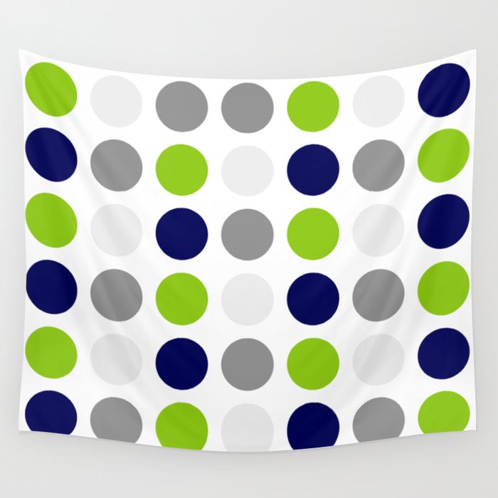Lime Green, Bright Navy Blue, and Gray Multi Dots Minimalist Pattern on White Wall Tapestry Gallery Image 1
