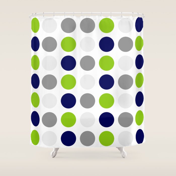 Lime Green, Bright Navy Blue, and Gray Multi Dots Minimalist Pattern on White Shower Curtain Gallery Image 1