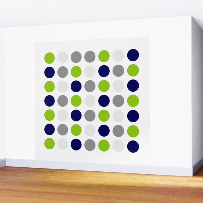 Lime Green, Bright Navy Blue, and Gray Multi Dots Minimalist Pattern on White Wall Mural Gallery Image 2