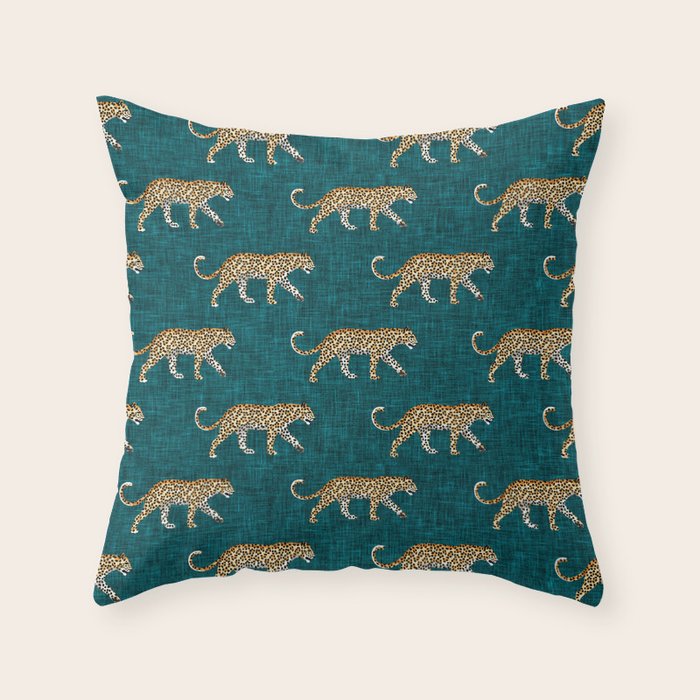 leopards walking - teal Throw Pillow Gallery Image 6
