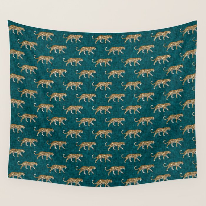 leopards walking - teal Wall Tapestry Gallery Image 1