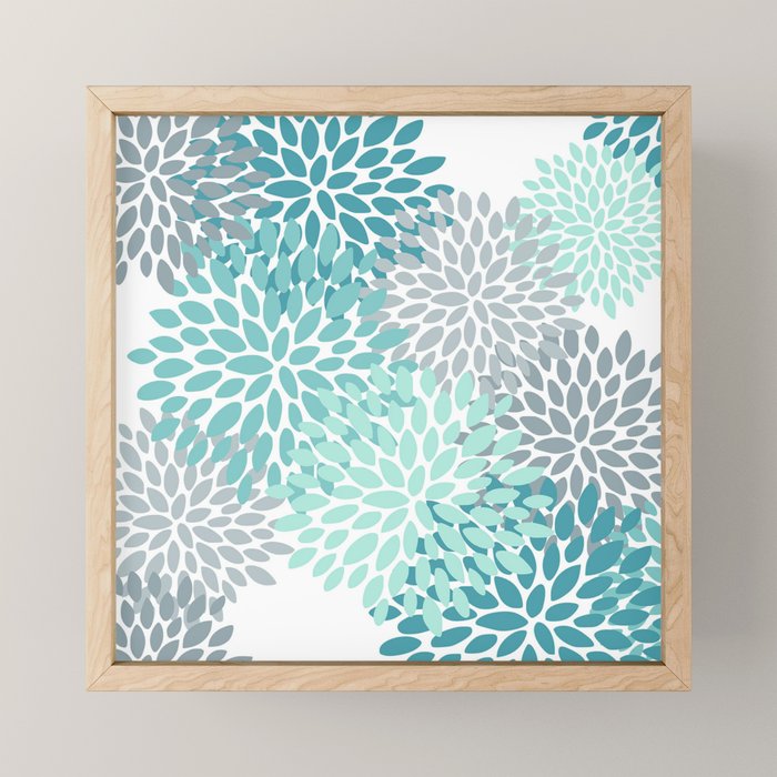Floral Pattern, Aqua, Teal, Turquoise and Gray Mini Art Print Gallery Image 1