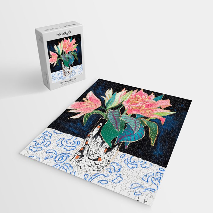 Swan Vase with Pink Lily Flower Bouquet on Dark Blue and Black Winter Floral Jigsaw Puzzle Gallery Image 2