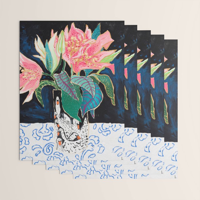 Swan Vase with Pink Lily Flower Bouquet on Dark Blue and Black Winter Floral Wrapping Paper Gallery Image 3