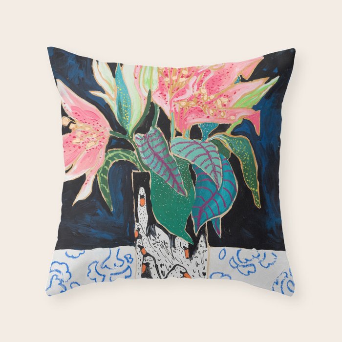 Swan Vase with Pink Lily Flower Bouquet on Dark Blue and Black Winter Floral Throw Pillow Gallery Image 6