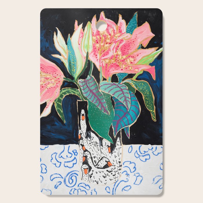 Swan Vase with Pink Lily Flower Bouquet on Dark Blue and Black Winter Floral Cutting Board Gallery Image 1