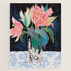 Swan Vase with Pink Lily Flower Bouquet on Dark Blue and Black Winter Floral Jigsaw Puzzle Gallery Image 1
