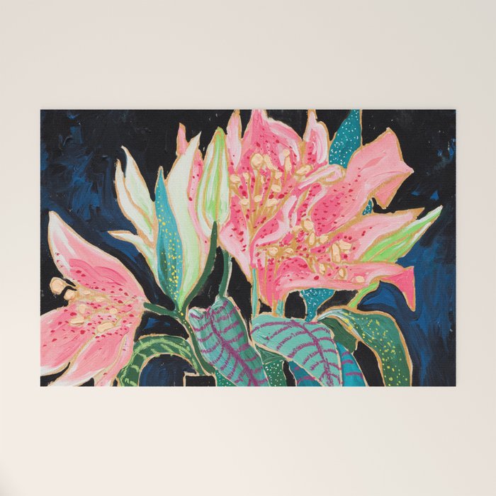 Swan Vase with Pink Lily Flower Bouquet on Dark Blue and Black Winter Floral Welcome Mat Gallery Image 1
