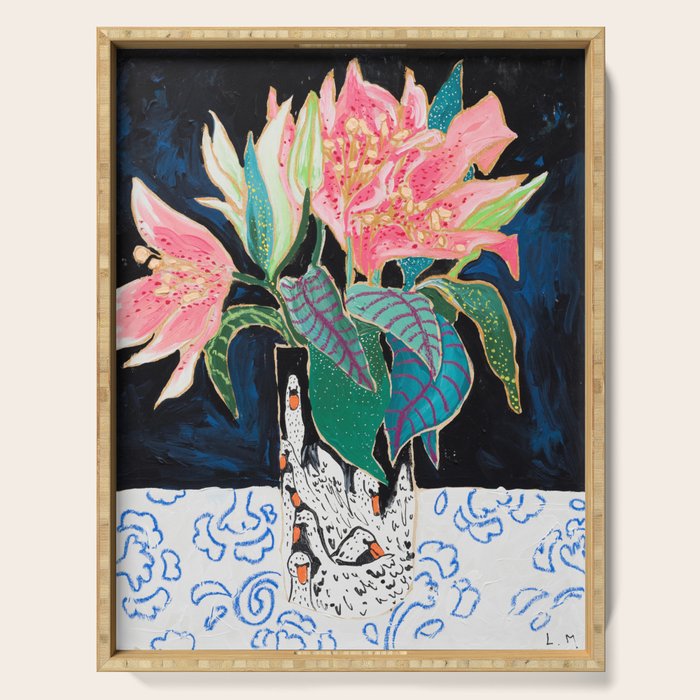Swan Vase with Pink Lily Flower Bouquet on Dark Blue and Black Winter Floral Serving Tray Gallery Image 1