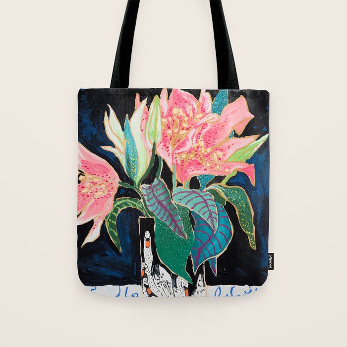 Swan Vase with Pink Lily Flower Bouquet on Dark Blue and Black Winter Floral Tote Bag Gallery Image 1