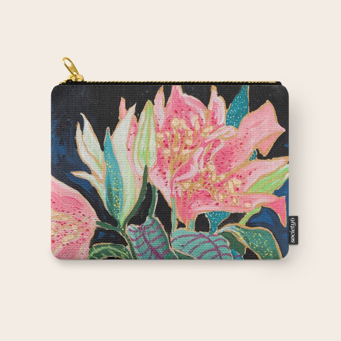 Swan Vase with Pink Lily Flower Bouquet on Dark Blue and Black Winter Floral Carry All Pouch Gallery Image 1