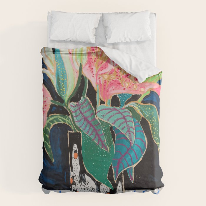 Swan Vase with Pink Lily Flower Bouquet on Dark Blue and Black Winter Floral Duvet Cover Gallery Image 1