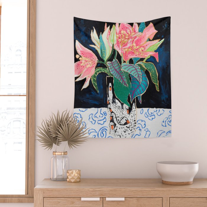 Swan Vase with Pink Lily Flower Bouquet on Dark Blue and Black Winter Floral Wall Tapestry Gallery Image 2