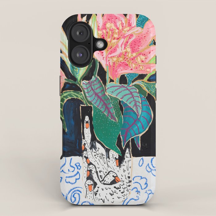 Swan Vase with Pink Lily Flower Bouquet on Dark Blue and Black Winter Floral iPhone Case Gallery Image 1