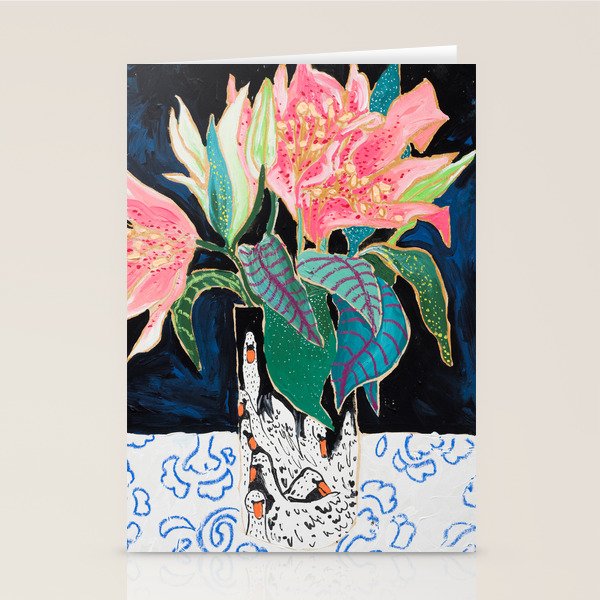 Swan Vase with Pink Lily Flower Bouquet on Dark Blue and Black Winter Floral Stationery Card Gallery Image 1