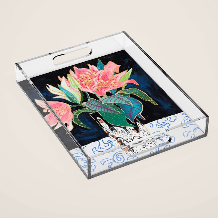 Swan Vase with Pink Lily Flower Bouquet on Dark Blue and Black Winter Floral Acrylic Tray Gallery Image 1
