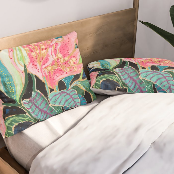 Swan Vase with Pink Lily Flower Bouquet on Dark Blue and Black Winter Floral Pillow Sham Gallery Image 2
