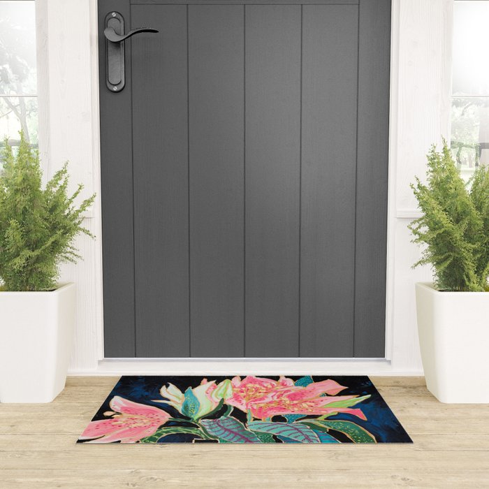 Swan Vase with Pink Lily Flower Bouquet on Dark Blue and Black Winter Floral Welcome Mat Gallery Image 3