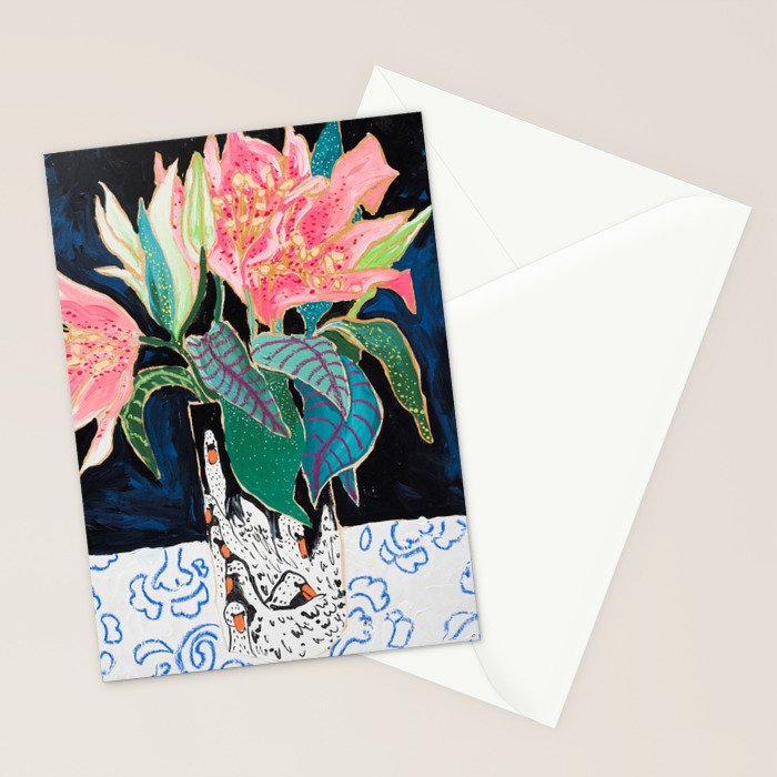 Swan Vase with Pink Lily Flower Bouquet on Dark Blue and Black Winter Floral Stationery Card Gallery Image 2