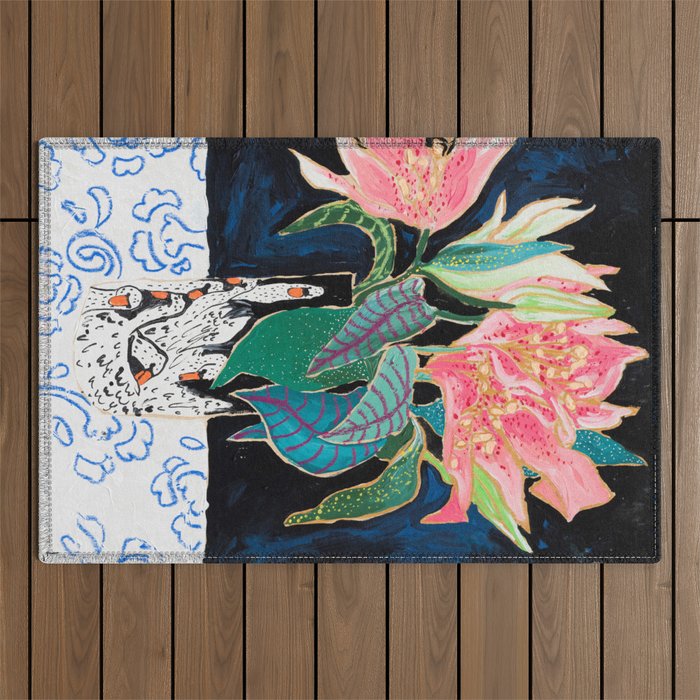 Swan Vase with Pink Lily Flower Bouquet on Dark Blue and Black Winter Floral Outdoor Rug Gallery Image 1